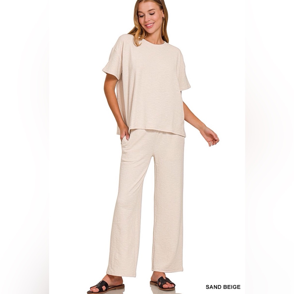 Zenana NWT Sand Beige Slub Short Sleeve Top & Pant Set size small - X-Large